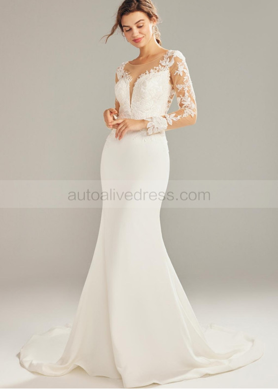 Long Sleeves Ivory Lace Tulle Sheer Back Non-traditional Wedding Dress